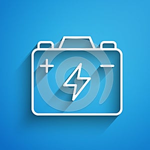 White line Car battery icon isolated on blue background. Accumulator battery energy power and electricity accumulator