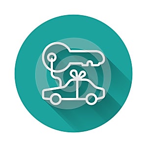 White line Car gift icon isolated with long shadow background. Car key prize. Green circle button. Vector