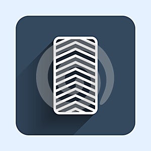 White line Car tire wheel icon isolated with long shadow background. Blue square button. Vector