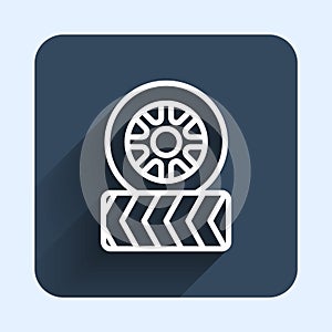 White line Car tire wheel icon isolated with long shadow background. Blue square button. Vector