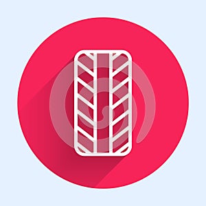 White line Car tire wheel icon isolated with long shadow background. Red circle button. Vector