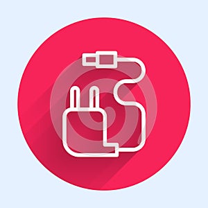 White line Charger icon isolated with long shadow. Red circle button. Vector Illustration