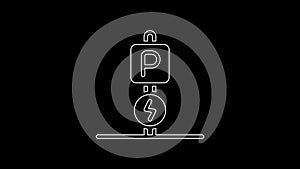 White line Charging parking electric car icon isolated on black background. 4K Video motion graphic animation
