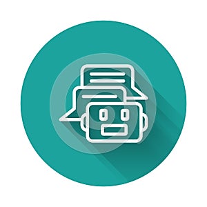 White line Chat bot icon isolated with long shadow background. Chatbot icon. Green circle button. Vector