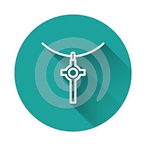 White line Christian cross on chain icon isolated with long shadow. Church cross. Green circle button. Vector