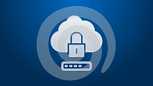 White line Cloud computing lock icon isolated on blue background. Security, safety, protection concept. Protection of