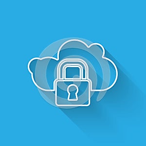 White line Cloud computing lock icon isolated with long shadow. Security, safety, protection concept. Protection of