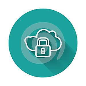 White line Cloud computing lock icon isolated with long shadow. Security, safety, protection concept. Protection of