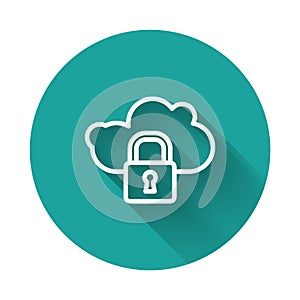 White line Cloud computing lock icon isolated with long shadow. Security, safety, protection concept. Protection of