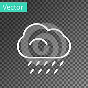 White line Cloud with rain icon isolated on transparent background. Rain cloud precipitation with rain drops. Vector