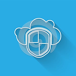 White line Cloud and shield icon isolated with long shadow. Cloud storage data protection. Security, safety, protection