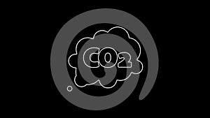 White line CO2 emissions in cloud icon isolated on black background. Carbon dioxide formula symbol, smog pollution