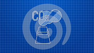 White line CO2 emissions in cloud icon isolated on blue background. Carbon dioxide formula, smog pollution concept