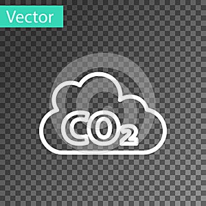 White line CO2 emissions in cloud icon isolated on transparent background. Carbon dioxide formula, smog pollution