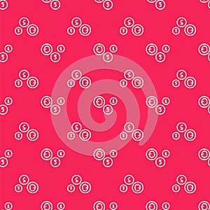 White line Coin money icon isolated seamless pattern on red background. Banking currency sign. Cash symbol. Vector