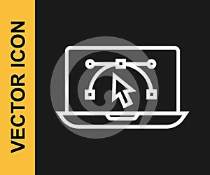 White line Computer display with vector design program icon isolated on isolated on black background. Photo editor