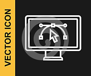 White line Computer display with vector design program icon isolated on isolated on black background. Photo editor