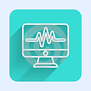 White line Computer monitor with cardiogram icon isolated with long shadow. Monitoring icon. ECG monitor with heart beat