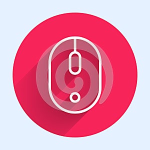 White line Computer mouse icon isolated with long shadow. Optical with wheel symbol. Red circle button. Vector