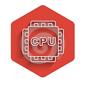 White line Computer processor with microcircuits CPU icon isolated with long shadow background. Chip or cpu with circuit