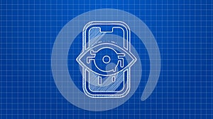 White line Computer vision icon isolated on blue background. Technical vision, eye circuit, video surveillance system