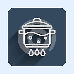 White line Cooking pot on fire icon isolated with long shadow background. Boil or stew food symbol. Blue square button