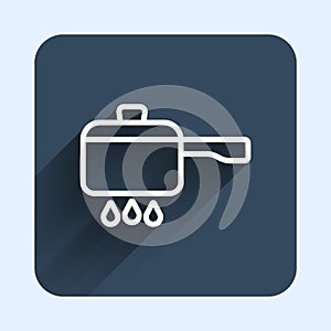 White line Cooking pot on fire icon isolated with long shadow background. Boil or stew food symbol. Blue square button