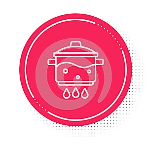White line Cooking pot on fire icon isolated on white background. Boil or stew food symbol. Red circle button. Vector