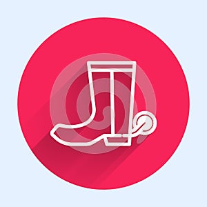 White line Cowboy boot icon isolated with long shadow. Red circle button. Vector