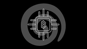 White line CPU mining farm icon isolated on black background. Bitcoin sign inside processor. Cryptocurrency mining