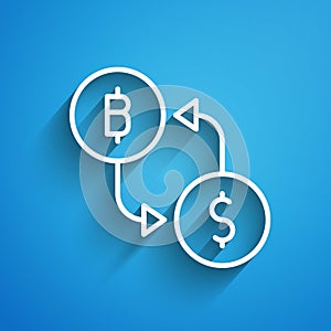 White line Cryptocurrency exchange icon isolated on blue background. Bitcoin to dollar exchange icon. Cryptocurrency