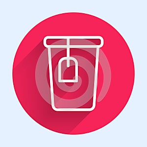 White line Cup with tea bag icon isolated with long shadow background. Red circle button. Vector