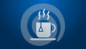 White line Cup of tea with tea bag icon isolated on blue background. 4K Video motion graphic animation