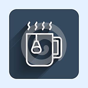 White line Cup of tea with tea bag icon isolated with long shadow background. Blue square button. Vector