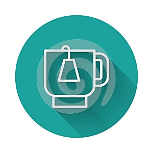 White line Cup of tea with tea bag icon isolated with long shadow background. Green circle button. Vector