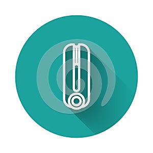 White line Curling iron for hair icon isolated with long shadow. Hair straightener icon. Green circle button. Vector