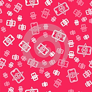 White line 3d modeling icon isolated seamless pattern on red background. Augmented reality or virtual reality. Vector