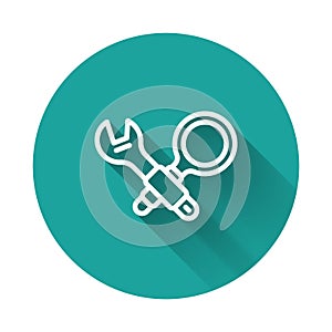 White line Debugging icon isolated with long shadow background. Debugging tool. Magnifying glass on bug programming