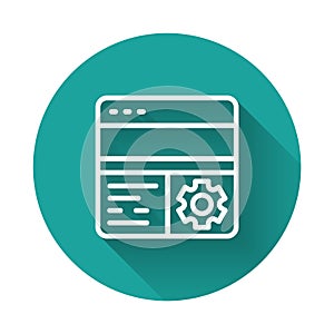 White line Debugging icon isolated with long shadow background. Debugging tool. Magnifying glass on bug programming