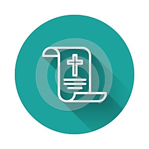 White line Decree, paper, parchment, scroll icon icon isolated with long shadow background. Chinese scroll. Green circle