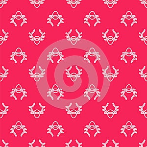 White line Deer antlers on shield icon isolated seamless pattern on red background. Hunting trophy on wall. Vector