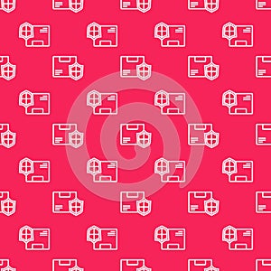 White line Delivery security with shield icon isolated seamless pattern on red background. Delivery insurance. Insured