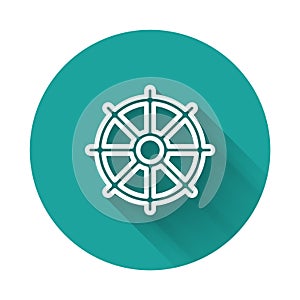 White line Dharma wheel icon isolated with long shadow background. Buddhism religion sign. Dharmachakra symbol. Green