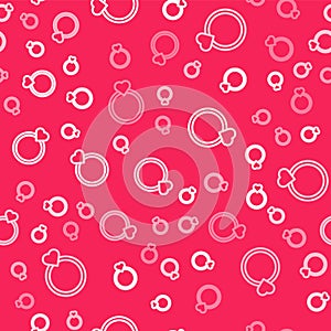 White line Diamond engagement ring icon isolated seamless pattern on red background. Vector