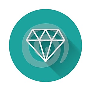 White line Diamond icon isolated with long shadow background. Jewelry symbol. Gem stone. Green circle button. Vector