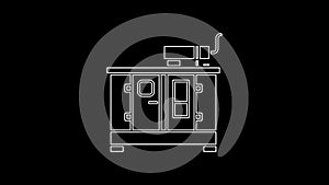 White line Diesel power generator icon isolated on black background. Industrial and home immovable power generator. 4K
