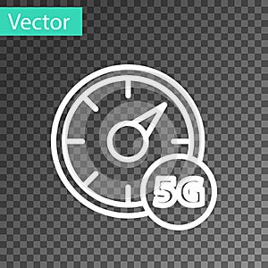 White line Digital speed meter concept with 5G icon isolated on transparent background. Global network high speed