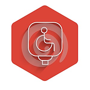 White line Disabled wheelchair icon isolated with long shadow. Disabled handicap sign. Red hexagon button. Vector