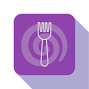 White line Disposable plastic fork icon isolated on white background. Purple square button. Vector Illustration