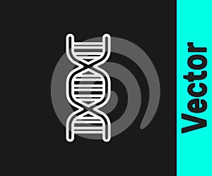 White line DNA symbol icon isolated on black background. Vector